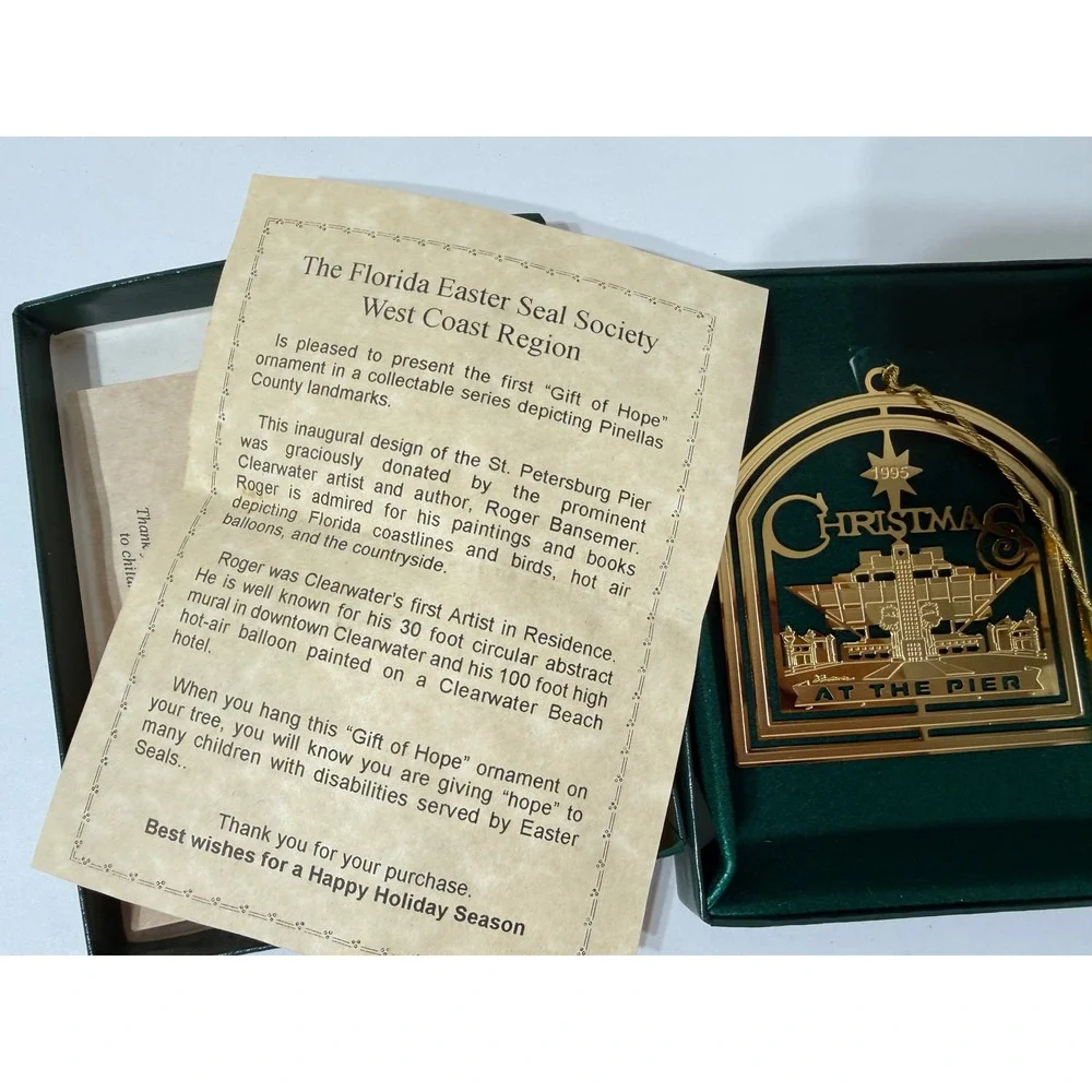 1995 Florida Easter Seal Society 24k Gold Plate St Petersburg Pier Ornament 1963